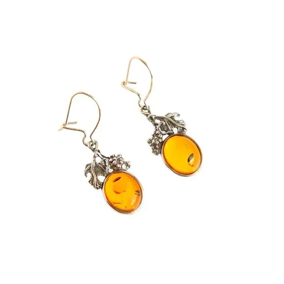 Baltic Amber Grape Leaf Dangle Earrings in s925 - Picture 1 of 6